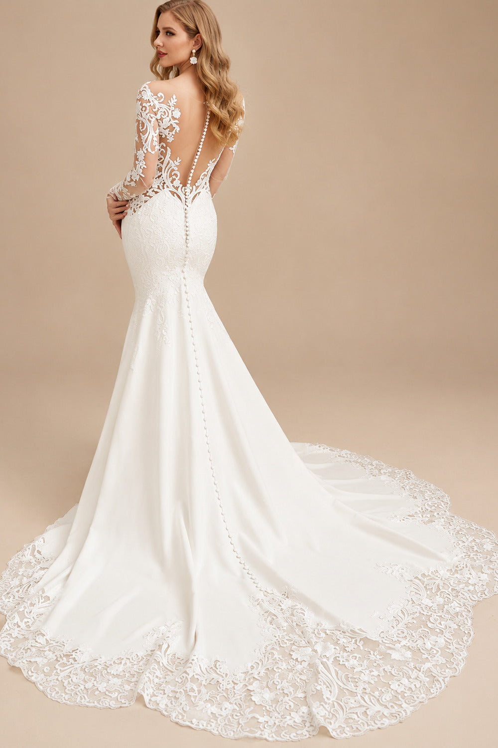 Rutipo Ivory Trumpet/Mermaid Illusion Neck Long Sleeves Lace/Elastic Satin Wedding Dresses