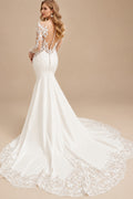 Rutipo Ivory Trumpet/Mermaid Illusion Neck Long Sleeves Lace/Elastic Satin Wedding Dresses