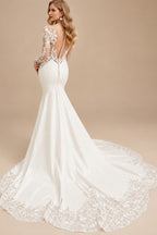 Rutipo Ivory Trumpet/Mermaid Illusion Neck Long Sleeves Lace/Elastic Satin Wedding Dresses