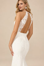 Rutipo Ivory Mermaid Halter Sleeveless Sweep Train Elastic Satin Wedding Dresses With Appliques Lace