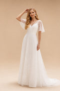 Rutipo Ivory A-Line V-Neck Short Sleeves Sweep Train Lace Wedding Dresses