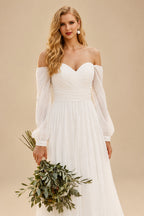 Rutipo Ivory A-Line Off-The-Shoulder Long Sleeves Wedding Dresses With Chiffon Slit