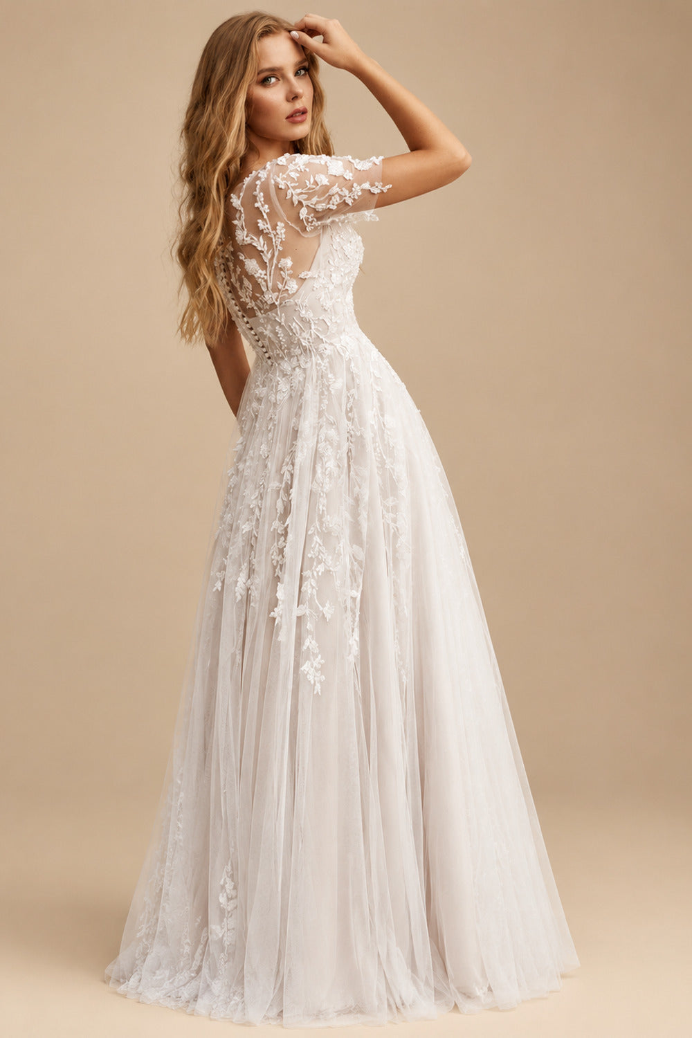 Rutipo As Picture A-Line Illusion Neck Short Sleeves Elegant Tulle With Appliques Lace