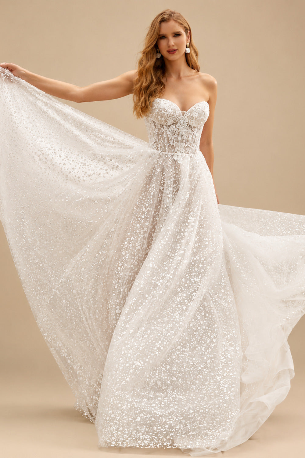 Rutipo Ivory Sparkly Sequined Sweetheart Lace A-Line Wedding Dresses