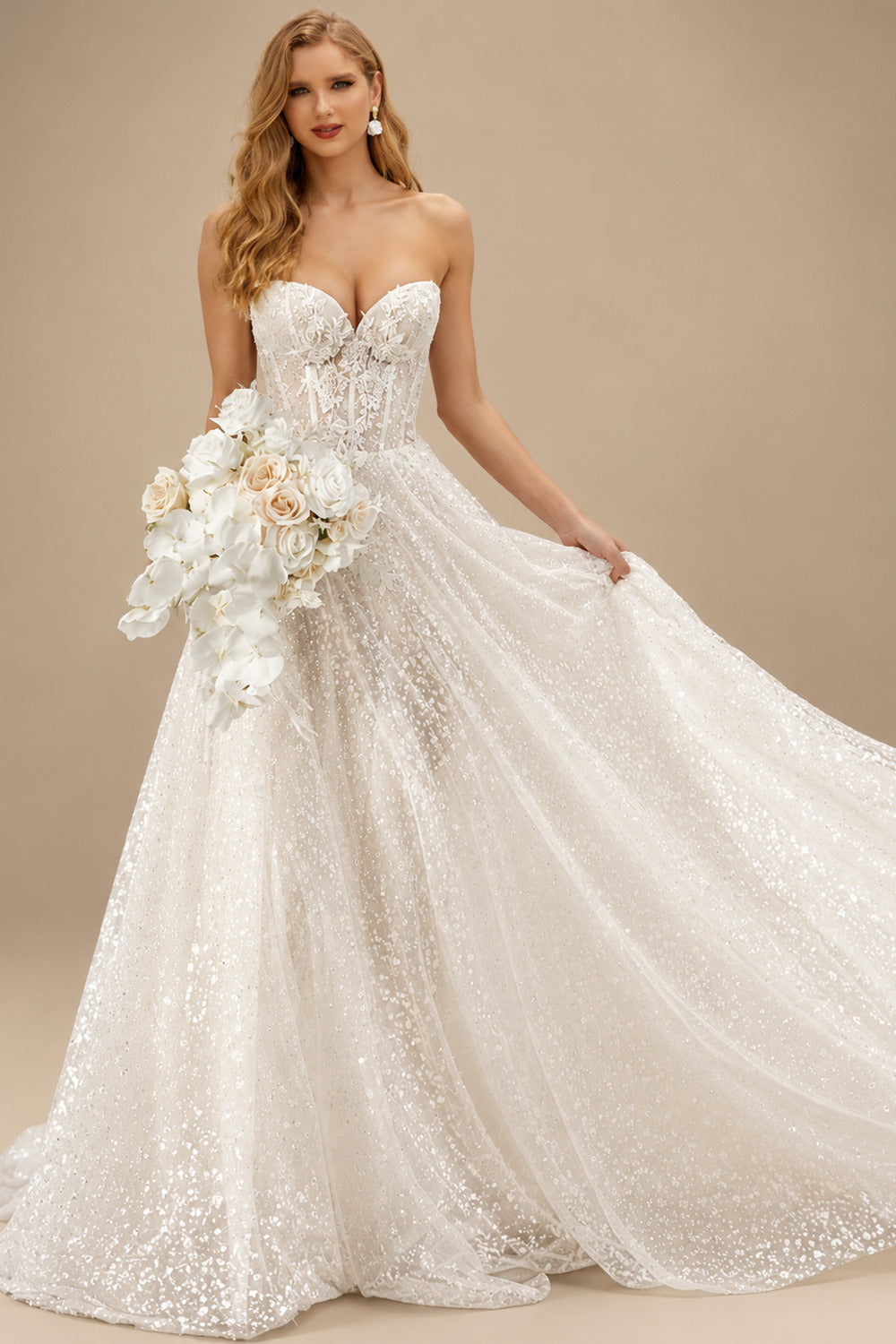 Rutipo Ivory Sparkly Sequined Sweetheart Lace A-Line Wedding Dresses