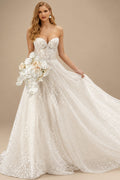 Rutipo Ivory Sparkly Sequined Sweetheart Lace A-Line Wedding Dresses