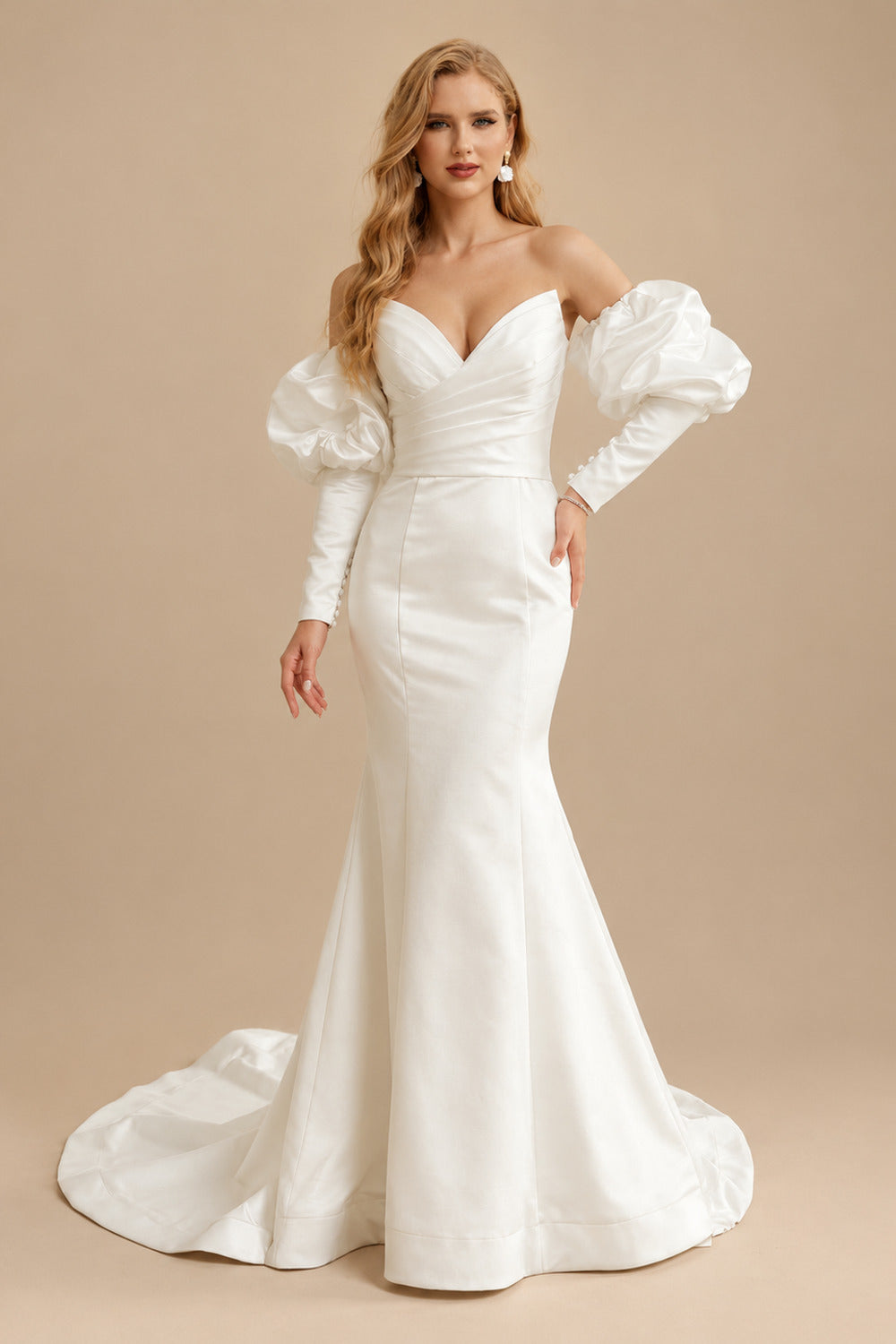 Rutipo Ivory Trumpet/Mermaid Elegant Long Sleeves Court Train Satin Wedding Dresses