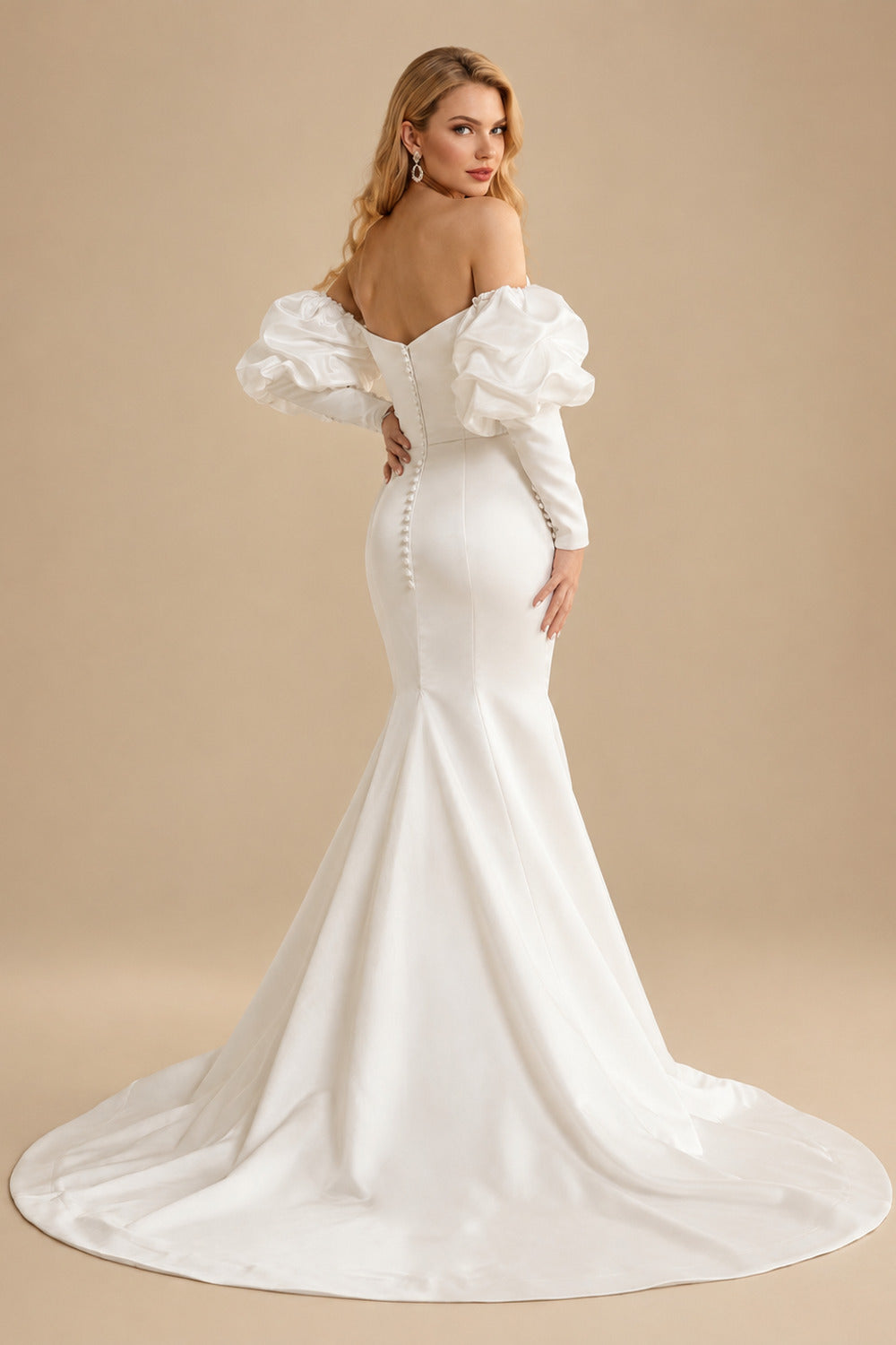 Rutipo Ivory Trumpet/Mermaid Elegant Long Sleeves Court Train Satin Wedding Dresses