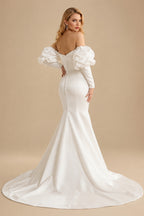 Rutipo Ivory Trumpet/Mermaid Elegant Long Sleeves Court Train Satin Wedding Dresses