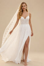 Rutipo Ivory A-Line V-Neck Sleeveless Sweep Train Wedding Dresses With Split Front