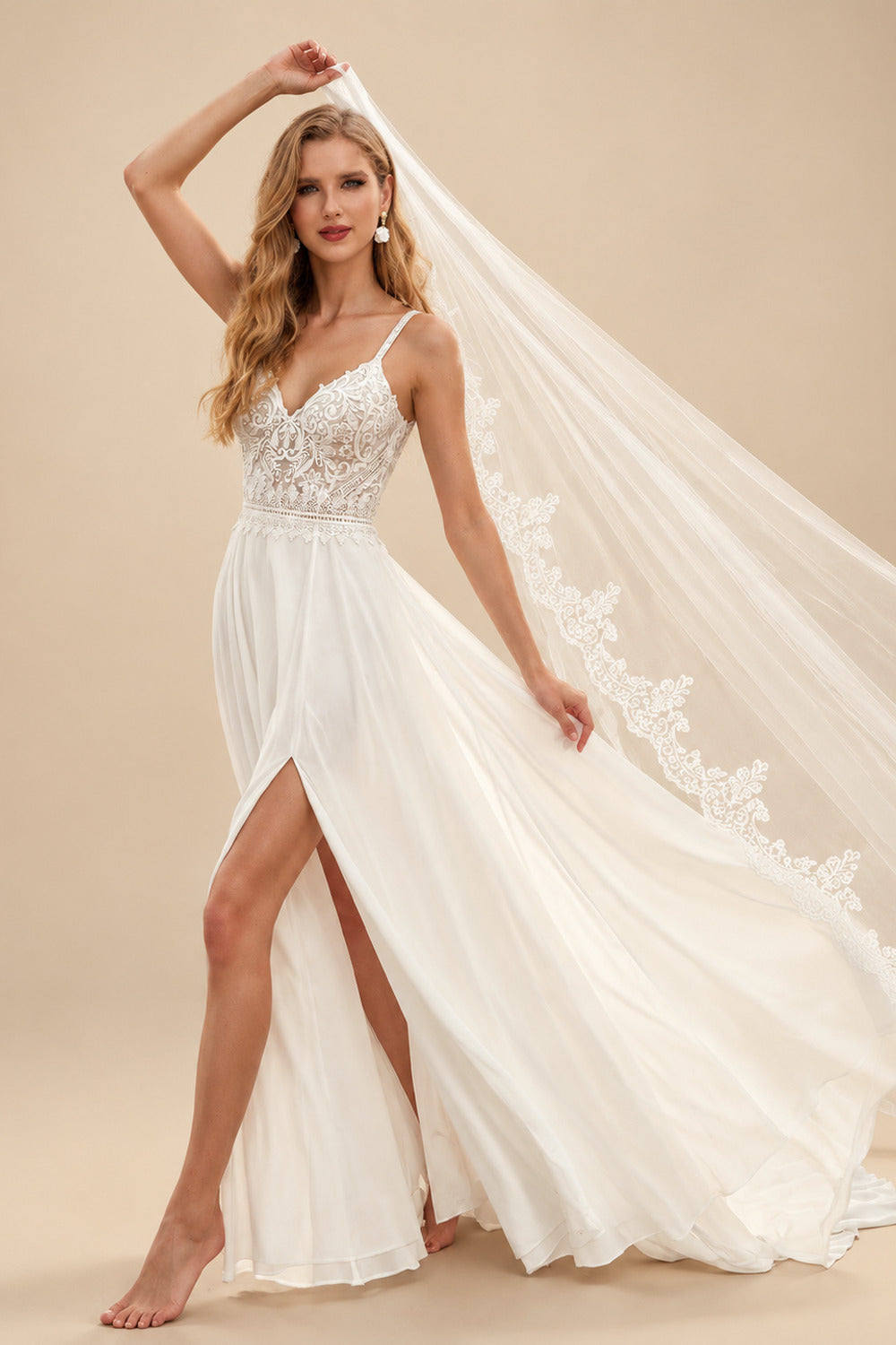 Rutipo Ivory A-Line V-Neck Sleeveless Sweep Train Wedding Dresses With Split Front