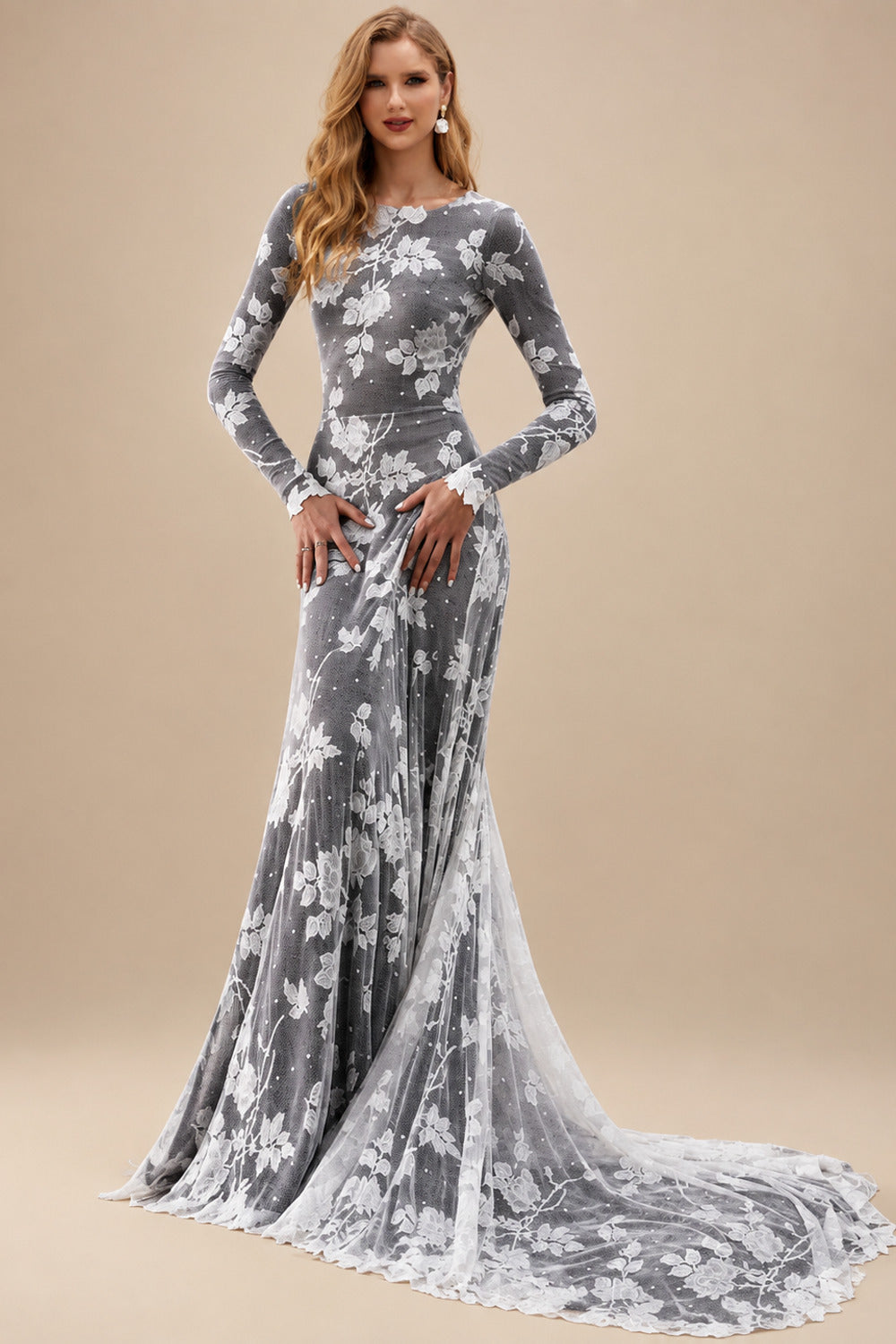 Rutipo As Picture Mermaid Scoop Neck Long Sleeves Court Train Lace Wedding Dresses