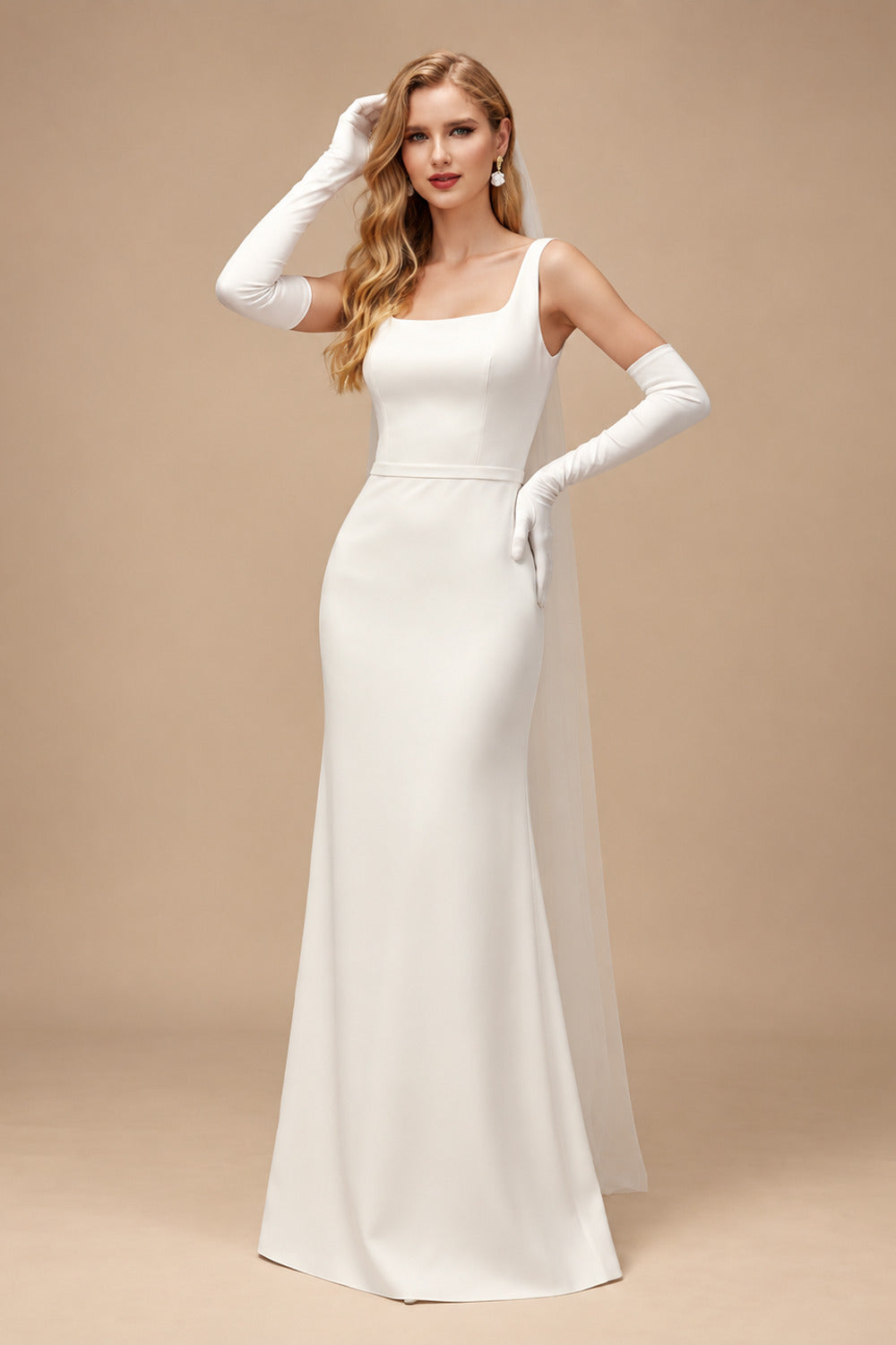 Rutipo Ivory Simple Sheath/Column Square Neckline Elastic Satin Wedding Dresses With Floor-Length