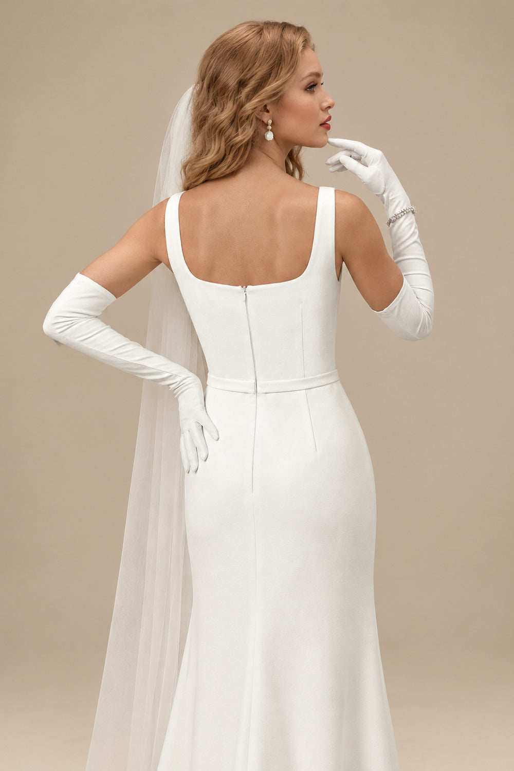 Rutipo Ivory Simple Sheath/Column Square Neckline Elastic Satin Wedding Dresses With Floor-Length