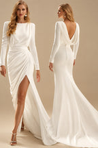 Rutipo Ivory Simple Trumpet/Mermaid Cowl Back Long Sleeves Wedding Dresses With Sweep Train