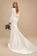 Rutipo Ivory Simple Trumpet/Mermaid Cowl Back Long Sleeves Wedding Dresses With Sweep Train