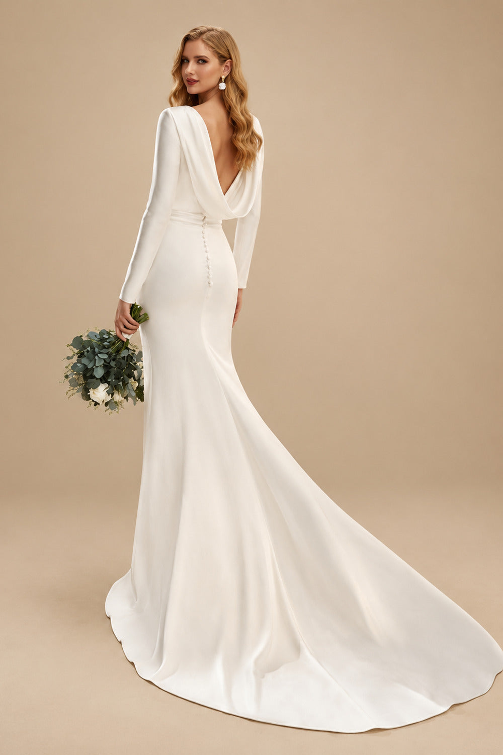 Rutipo Ivory Simple Trumpet/Mermaid Cowl Back Long Sleeves Wedding Dresses With Sweep Train