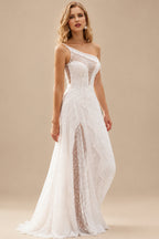 Rutipo Ivory Sequin Sleeveless Sweep Train Sequined Wedding Dresses With Split Front