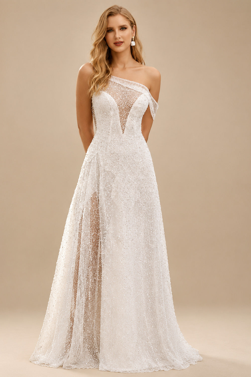 Rutipo Ivory Sequin Sleeveless Sweep Train Sequined Wedding Dresses With Split Front