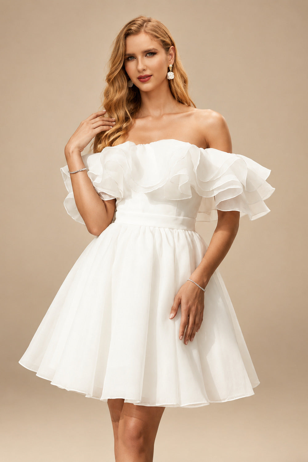 Rutipo Ivory A-Line Off-The-Shoulder Sleeveless Short/Mini Organza Wedding Dresses