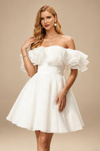 Rutipo Ivory A-Line Off-The-Shoulder Sleeveless Short/Mini Organza Wedding Dresses