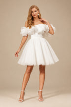 Rutipo Ivory A-Line Off-The-Shoulder Sleeveless Short/Mini Organza Wedding Dresses
