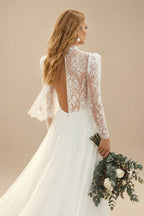 Rutipo Ivory Beach/Boho Long Sleeves Sweep Train Chiffon Wedding Dresses With Lace