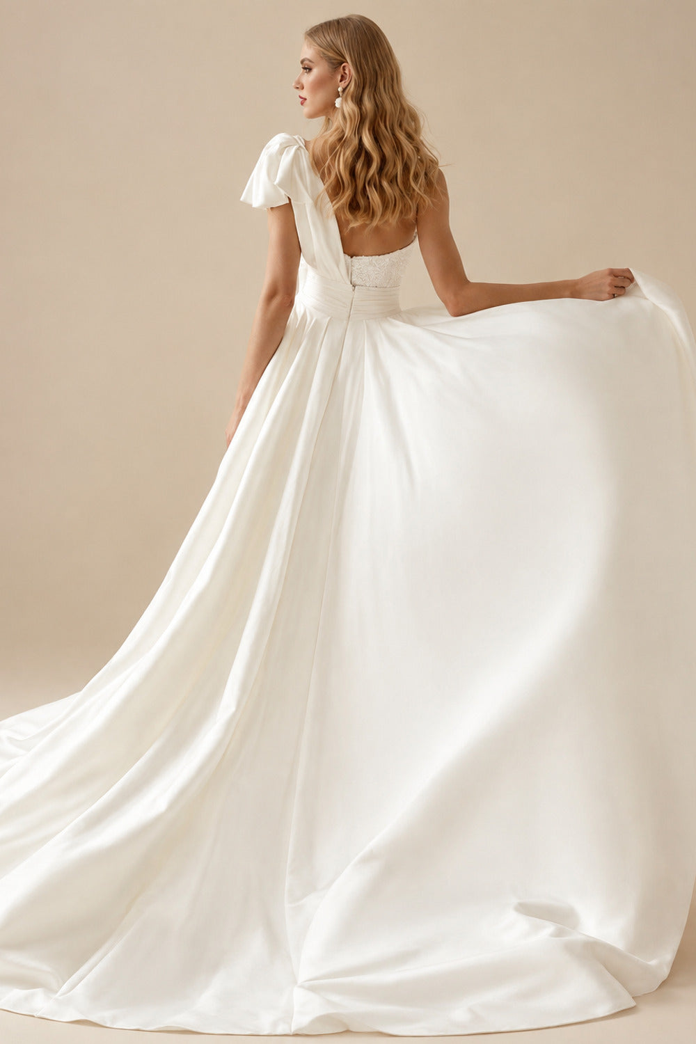 Rutipo Ivory One-Shoulder Sleeveless Satin/Sequined Wedding Dresses With Bow(s)