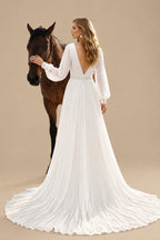 Rutipo Ivory A-Line V-Neck Long Sleeves Court Train Chiffon Wedding Dresses