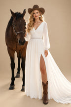 Rutipo Ivory A-Line V-Neck Long Sleeves Court Train Chiffon Wedding Dresses