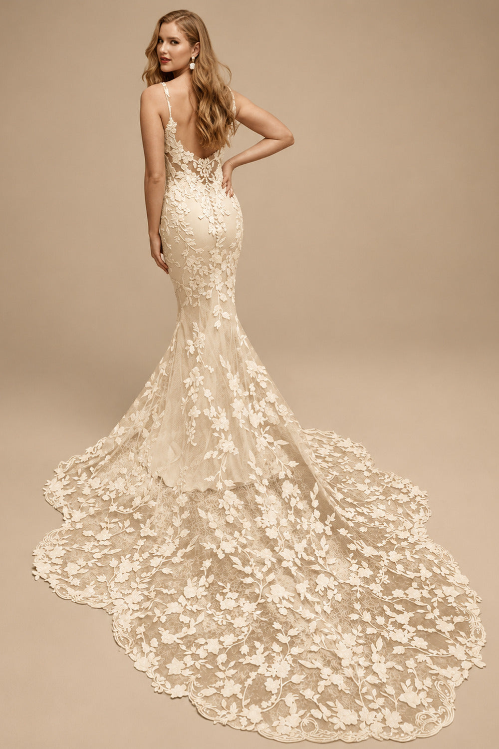 Rutipo Champagne Trumpet/Mermaid V-Neck Sleeveless Court Train Lace Wedding Dresses