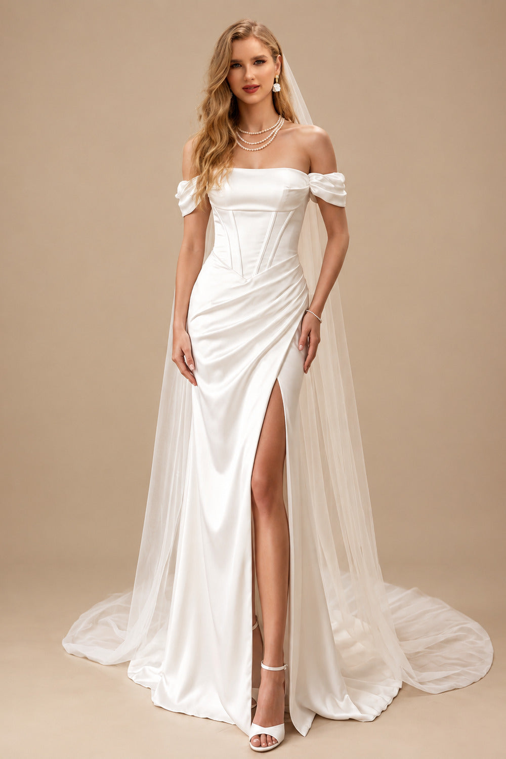 Rutipo Ivory Sheath/Column Off-The-Shoulder Sleeveless Sweep Train Silk Like Satin Wedding Dresses With Split Front