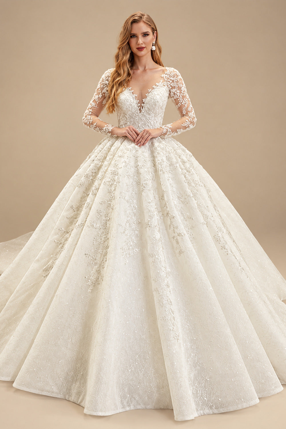 Rutipo Ivory Ball-Gown Illusion Neck Long Sleeves Lace/Tulle Wedding Dresses