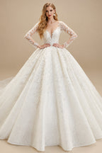 Rutipo Ivory Ball-Gown Illusion Neck Long Sleeves Lace/Tulle Wedding Dresses