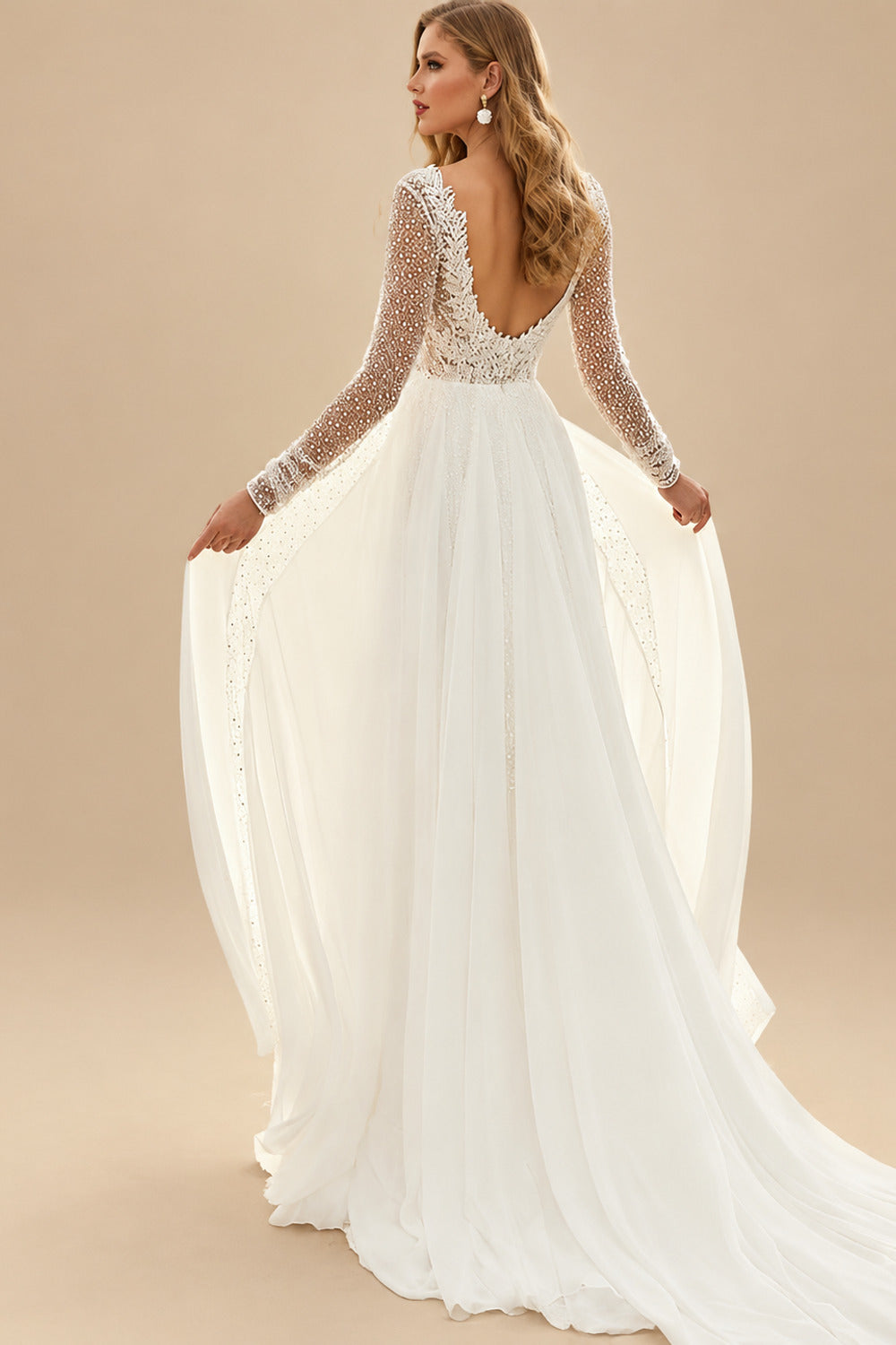 Rutipo Ivory A-Line V-Neck Long Sleeves Sweep Train Chiffon/Lace Wedding Dresses With Lace