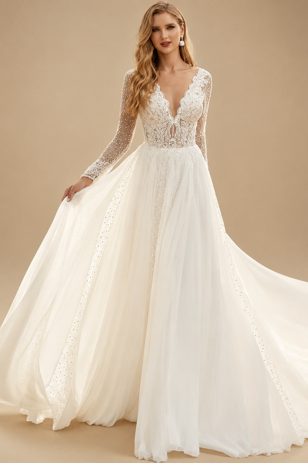 Rutipo Ivory A-Line V-Neck Long Sleeves Sweep Train Chiffon/Lace Wedding Dresses With Lace
