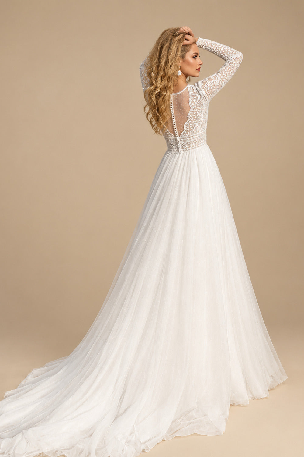 Rutipo Ivory A-Line V-Neck Long Sleeves Court Train Chiffon/Lace Wedding Dresses With Split Front