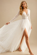 Rutipo Ivory A-Line V-Neck Long Sleeves Court Train Chiffon/Lace Wedding Dresses With Split Front