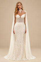 Rutipo Ivory Exquisite Beaded Sweetheart Shoulder Dual Drape Illusion Corset Wedding Dresses