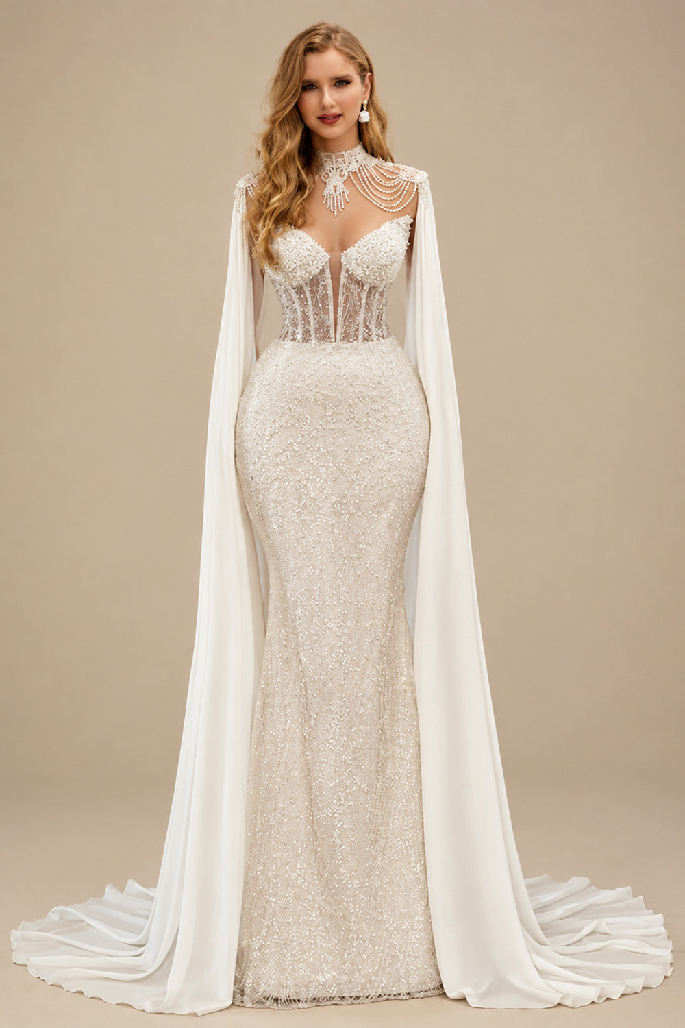 Rutipo Ivory Exquisite Beaded Sweetheart Shoulder Dual Drape Illusion Corset Wedding Dresses