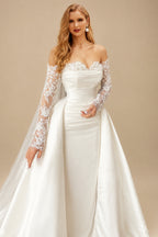 Rutipo Ivory Sweetheart Detachable Train Lace Sleeves Wedding Dresses