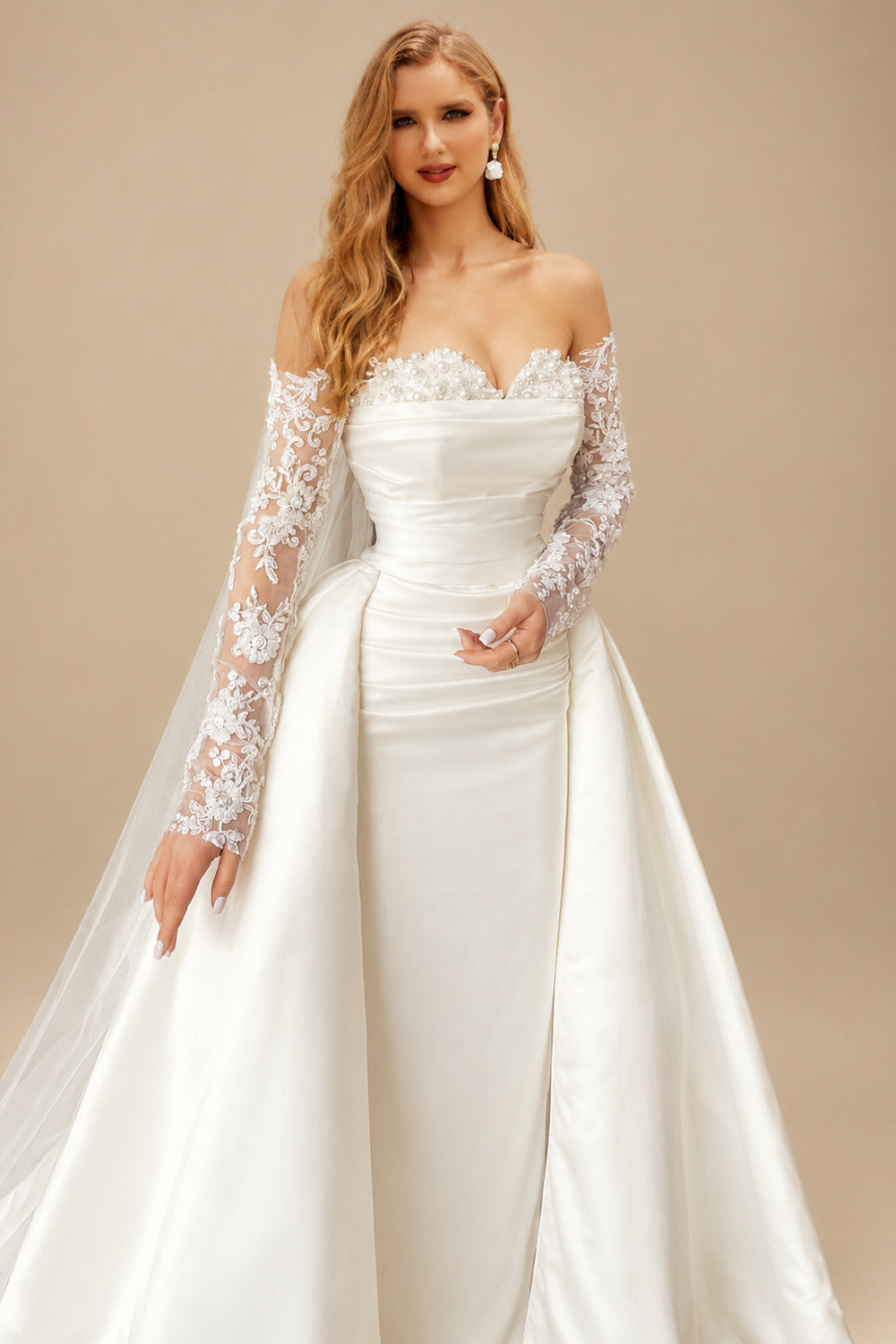 Rutipo Ivory Sweetheart Detachable Train Lace Sleeves Wedding Dresses