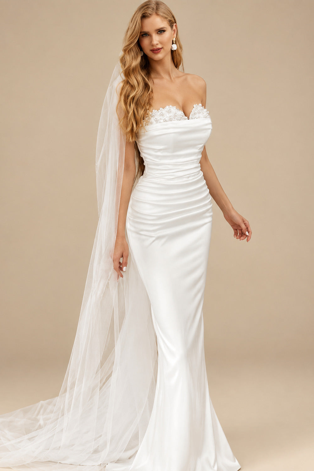 Rutipo Ivory Sweetheart Detachable Train Lace Sleeves Wedding Dresses
