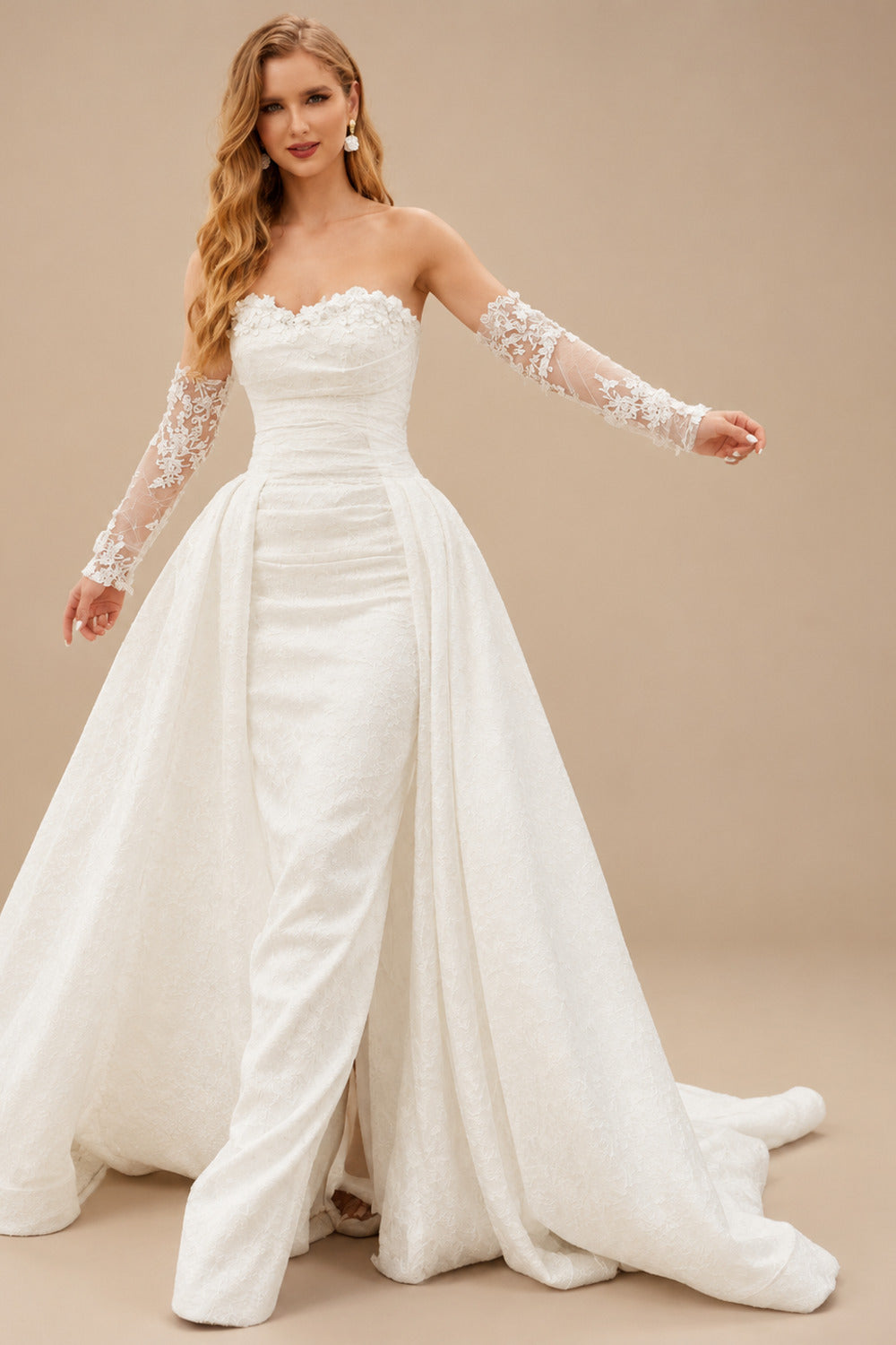 Rutipo Ivory Sweetheart Detachable Train Lace Sleeves Wedding Dresses