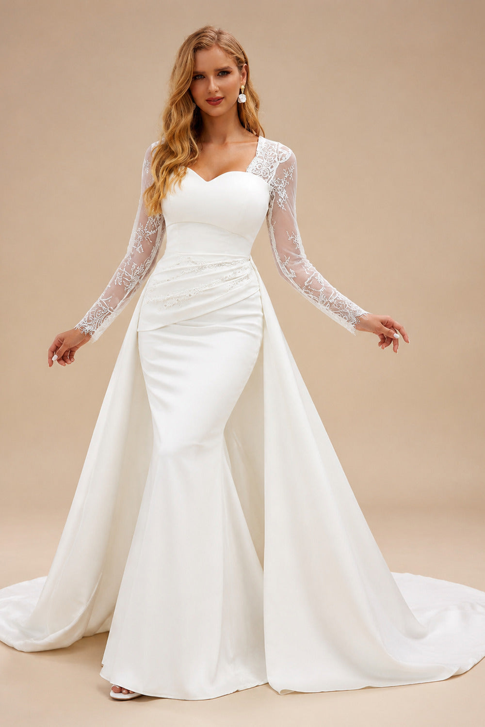 Rutipo Ivory Sweetheart Lace Long Sleeves Satin Wedding Dresses
