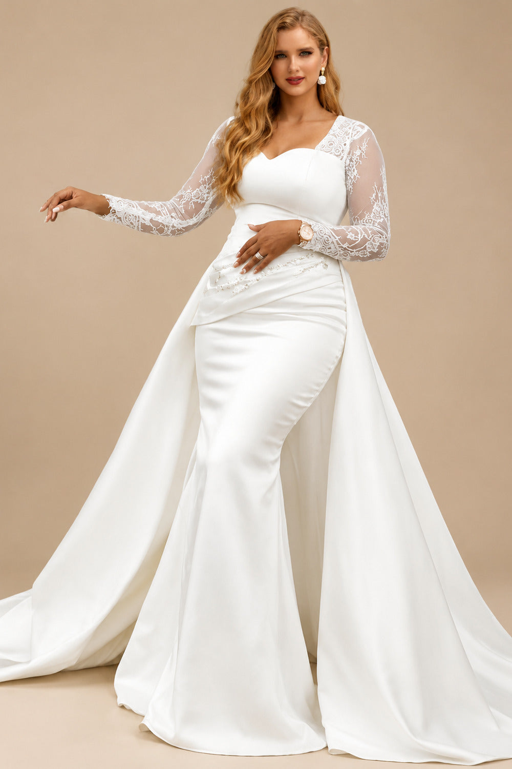 Rutipo Ivory Sweetheart Lace Long Sleeves Satin Wedding Dresses