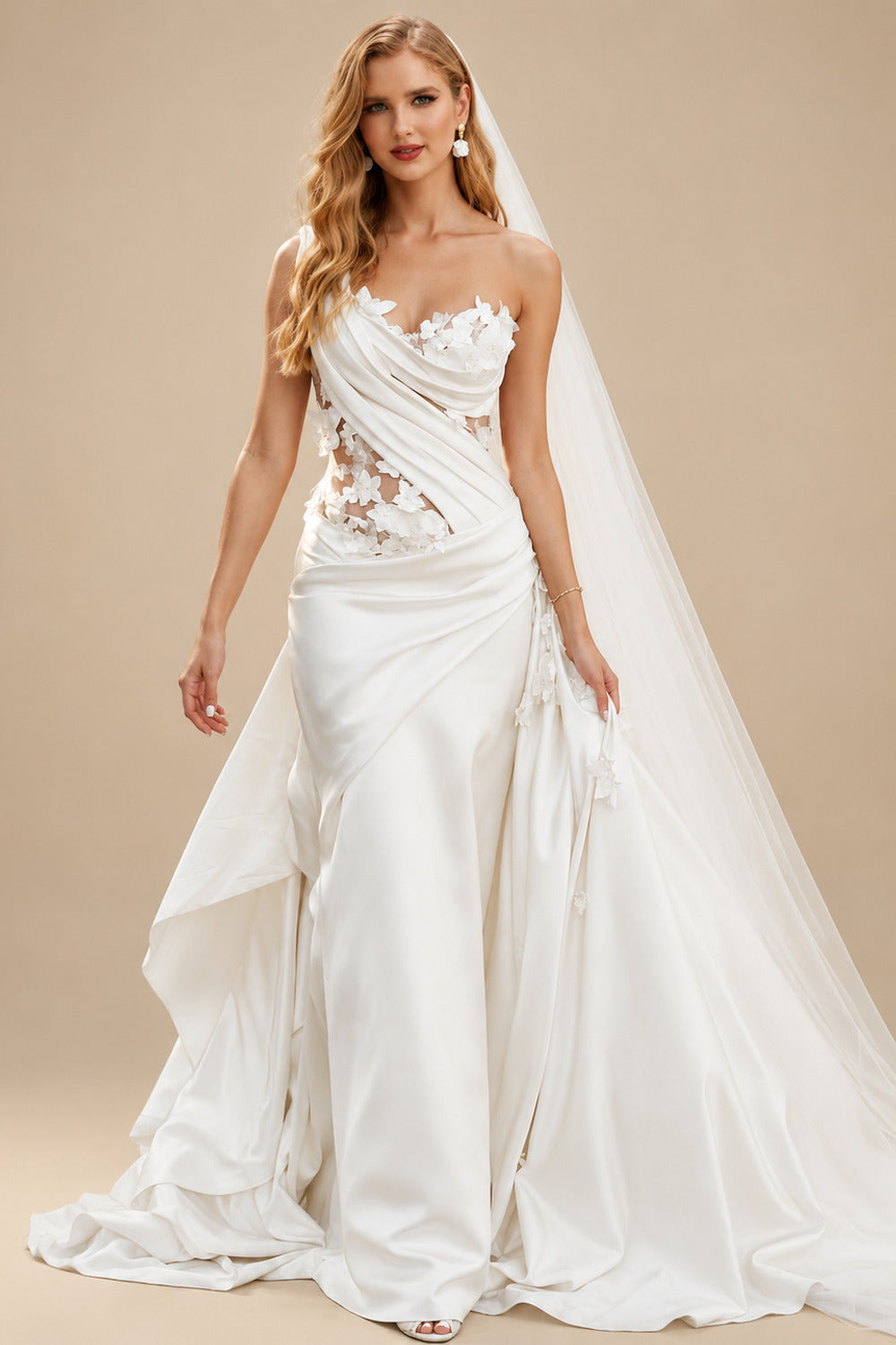 Rutipo Ivory Vintage One-Shoulder Flowers Wedding Dresses With Ruffles