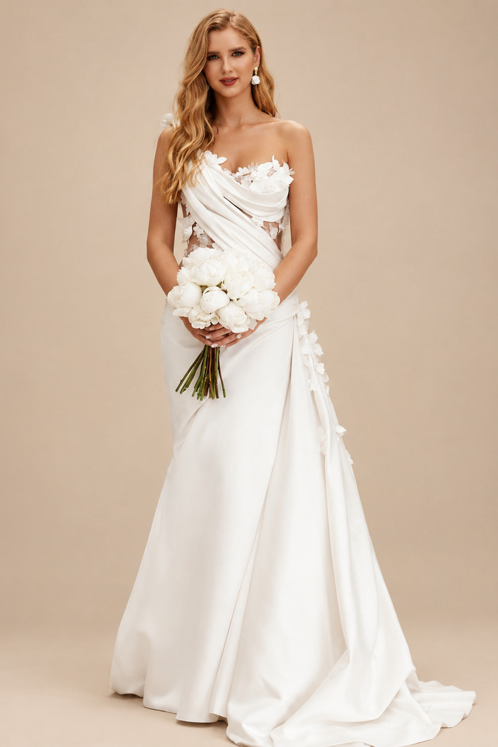 Rutipo Ivory Vintage One-Shoulder Flowers Wedding Dresses With Ruffles