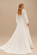 Rutipo Ivory A-Line V-Neck Long Sleeves Sweep Train Chiffon Wedding Dresses With Sash