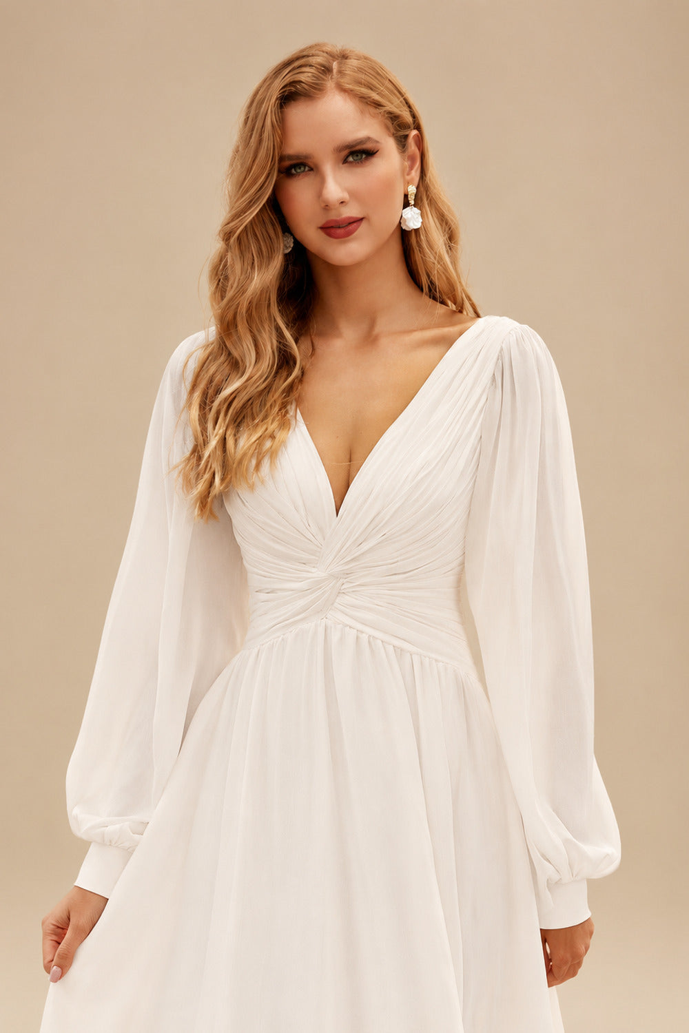 Rutipo Ivory A-Line V-Neck Long Sleeves Sweep Train Chiffon Wedding Dresses With Sash